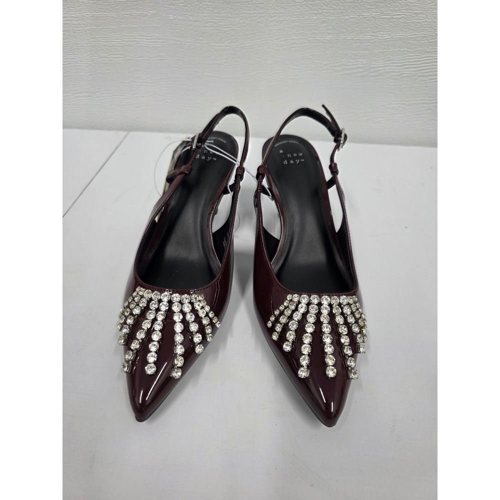 A New Day Burgundy Patent Rhinestone Fringe Slingback Kitten Heels Pumps Size 7